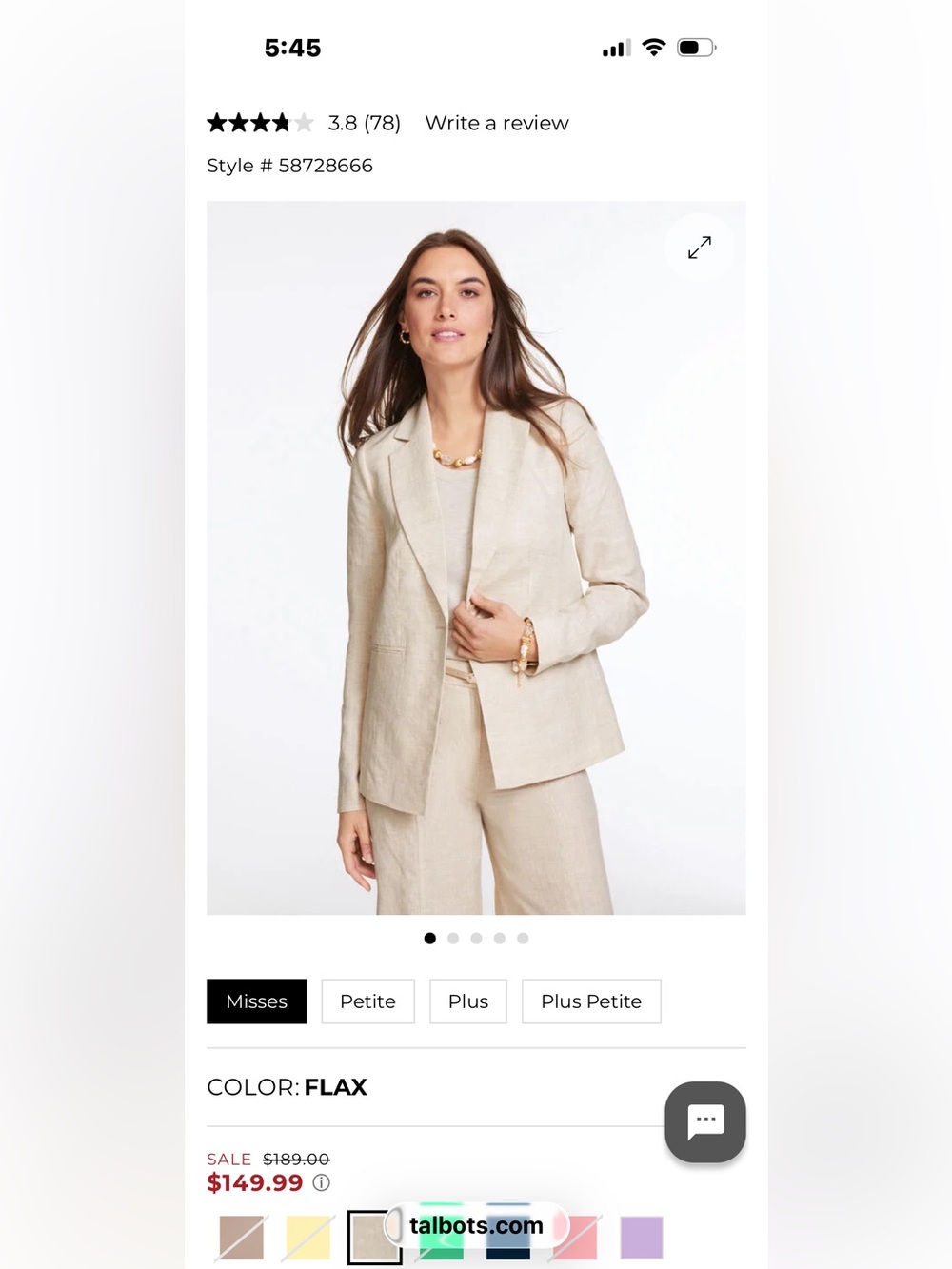 Talbots Light Flax Linen Tailored Blazer 14P